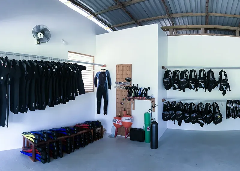 Combinaisons de plongée, masques, tubas et bouteilles rangés dans un local