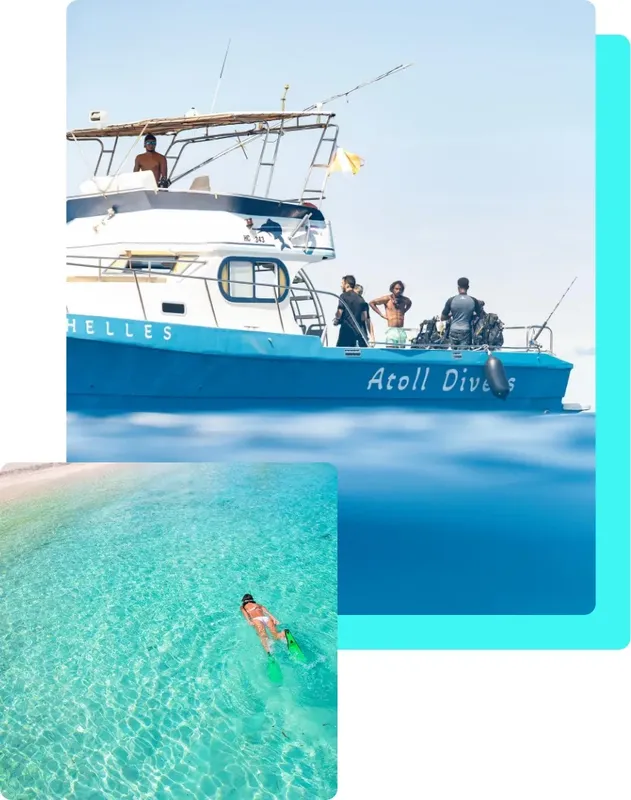 Bateau de plongée bleu et turquoise, nageuse en eau claire
