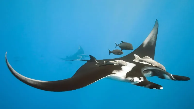 Raie manta majestueuse nageant avec des poissons dans l'eau bleue