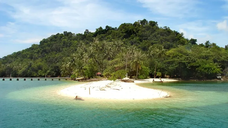Petite île tropicale avec plage, végétation et quelques personnes présentes