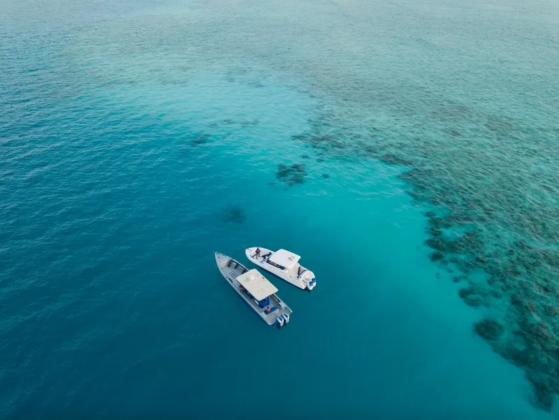 Vue aérienne de deux bateaux de plongée sur une eau turquoise claire