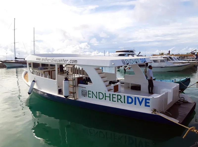 Bateau de plongée amarré dans un port avec des équipements et un plongeur