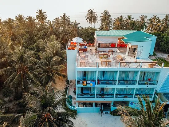 Bâtiment bleu et orange avec terrasse, palmiers et plage ensoleillée