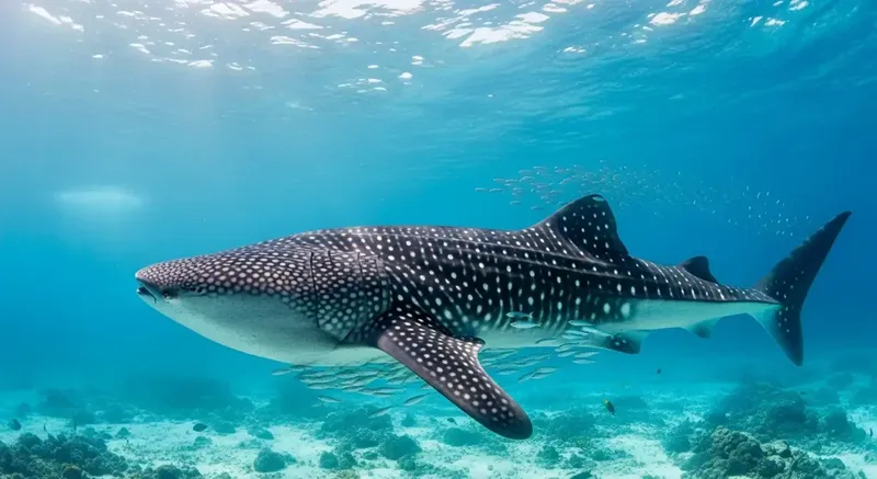 Requin baleine nageant paisiblement dans une eau turquoise et claire