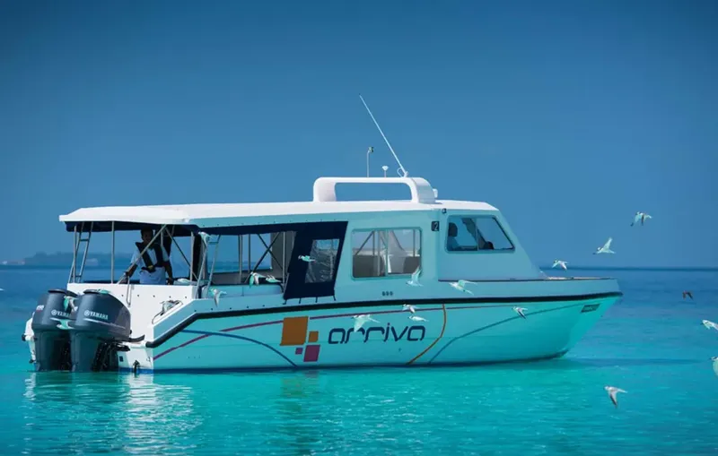 Bateau de plongée blanc et bleu sur une eau turquoise claire