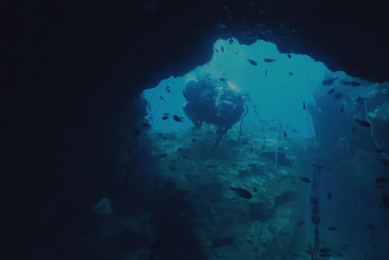 Plongeur explore une grotte sous-marine avec des poissons autour de lui