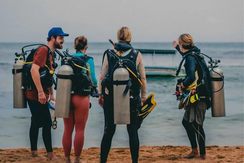 Quatre plongeurs équipés regardent la mer sur une plage