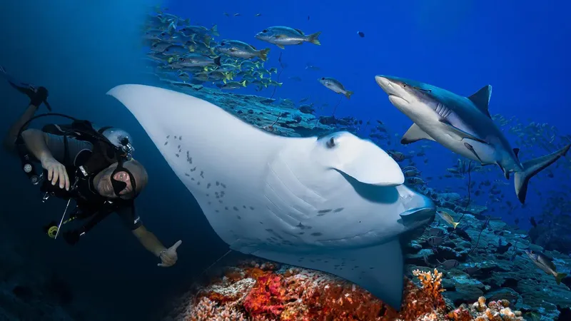 Plongeur avec raie manta et requin de récif en milieu marin