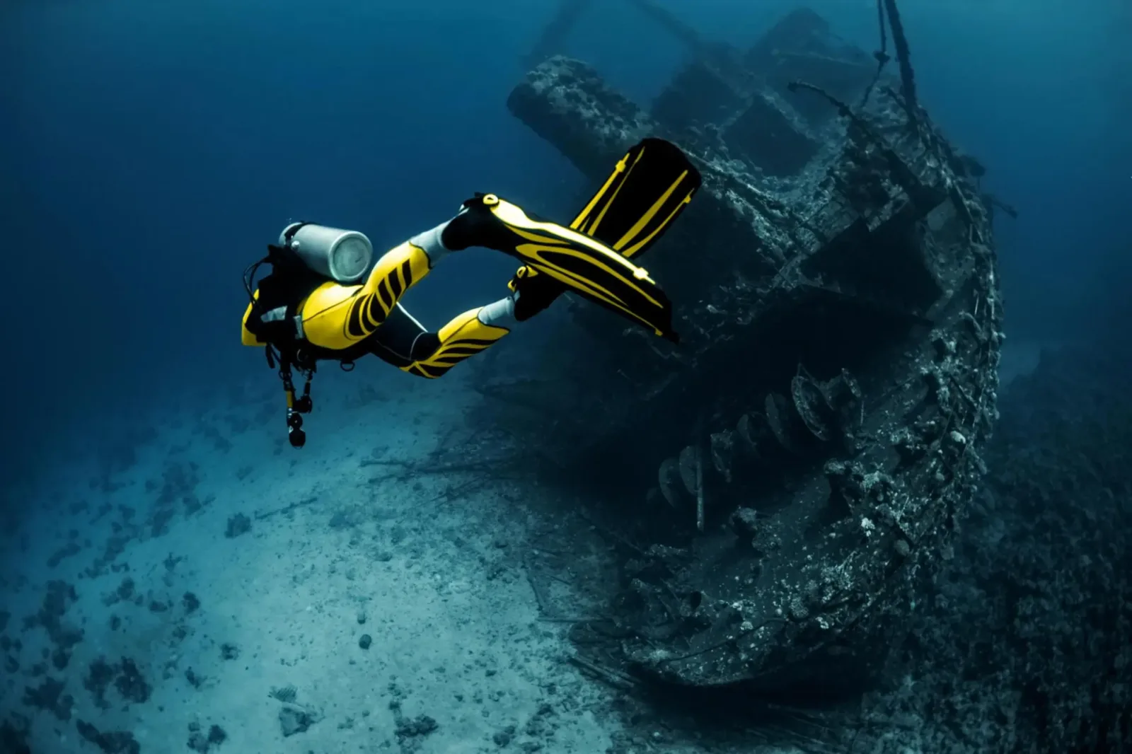 Plongeur explorant l'épave d'un navire au fond de l'océan