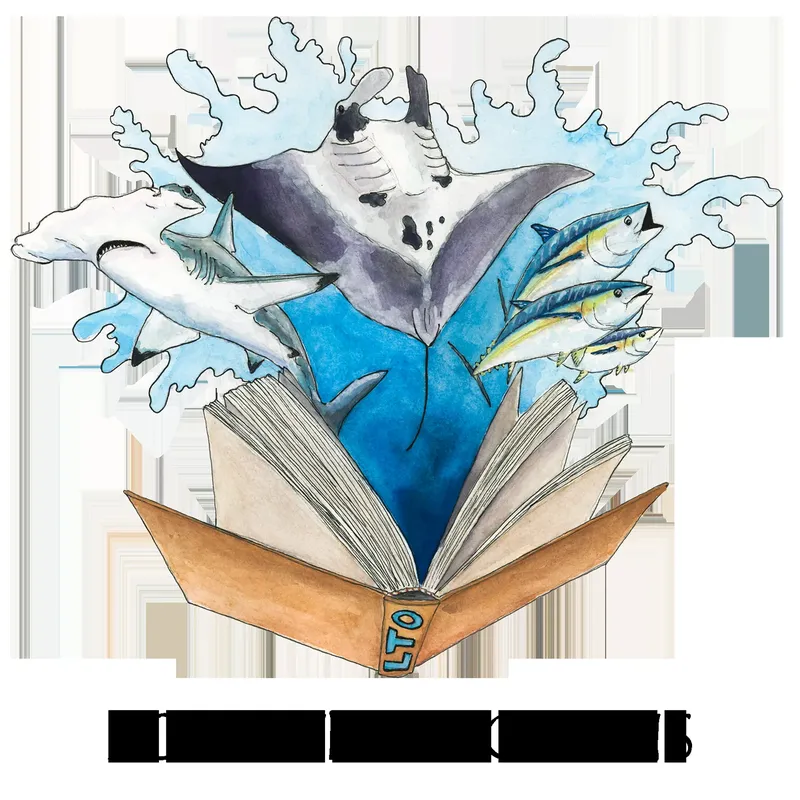 Illustration d'un livre ouvert avec des poissons et des requins