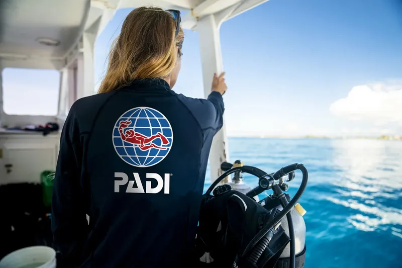 Dos d'une plongeuse pointant vers l'horizon depuis un bateau