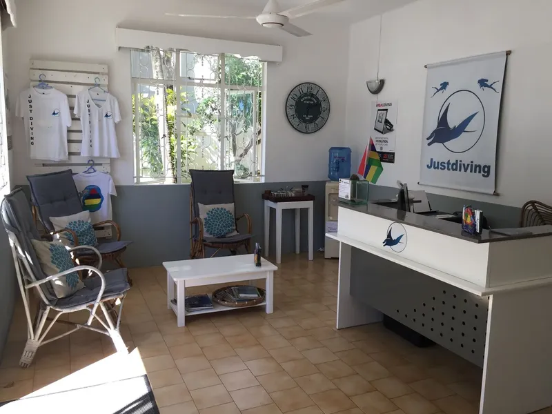 Espace d'accueil lumineux avec un comptoir, des fauteuils et des vêtements