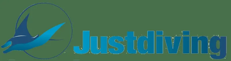 Raie manta bleue stylisée et texte Justdiving sur fond vert olive
