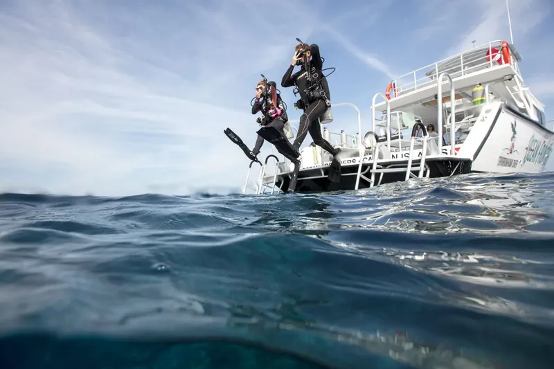 Deux plongeurs s'apprêtent à sauter d'un bateau en pleine mer