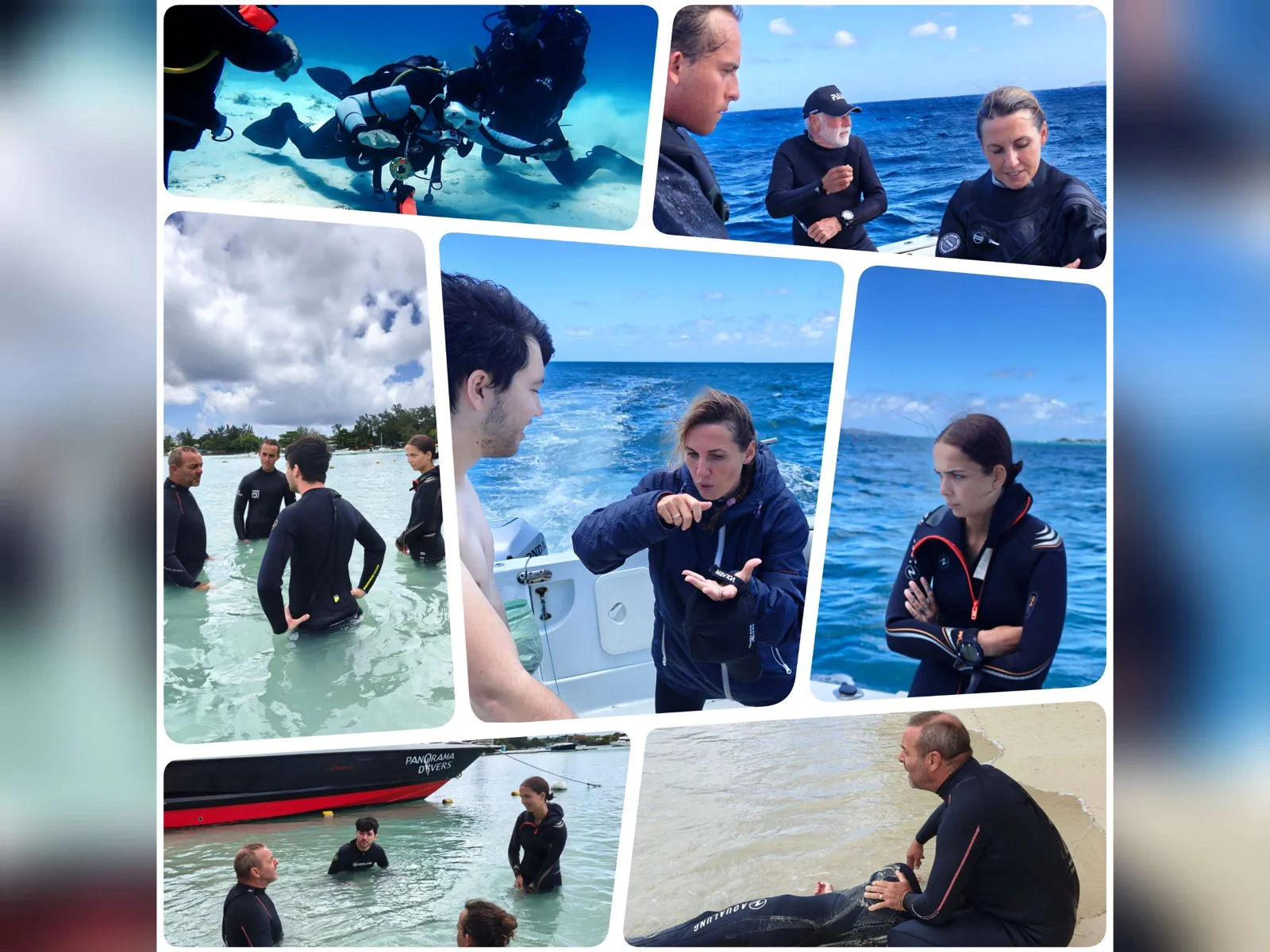 Plongée : instructeurs et stagiaires en formation, bateau et récif corallien