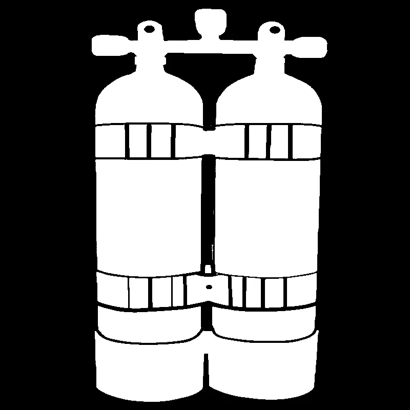 Deux bouteilles de plongée blanches, reliées par un cadre métallique