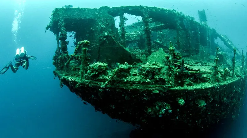 Un plongeur explore l'épave d'un navire colonisé par la vie marine