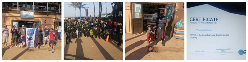 Groupe de plongeurs devant le centre, équipement visible, journée ensoleillée