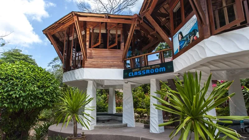 Bâtiment en bois sur pilotis avec enseigne classroom et végétation tropicale