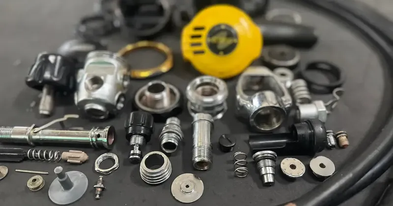 Pieces detachees d'un detendeur de plongée, vis, joints, et manometre jaune