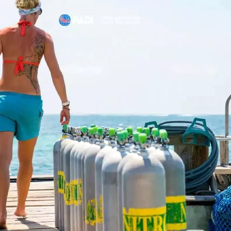 Une femme se dirige vers des bouteilles de plongée sur un ponton