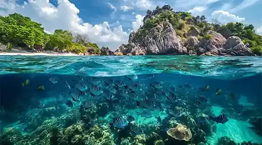 Banc de poissons tropicaux nageant au-dessus d'un récifal corallien coloré
