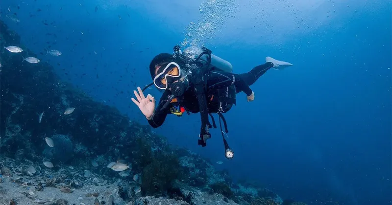 Plongeur en combinaison noire fait un signe OK sous l'eau