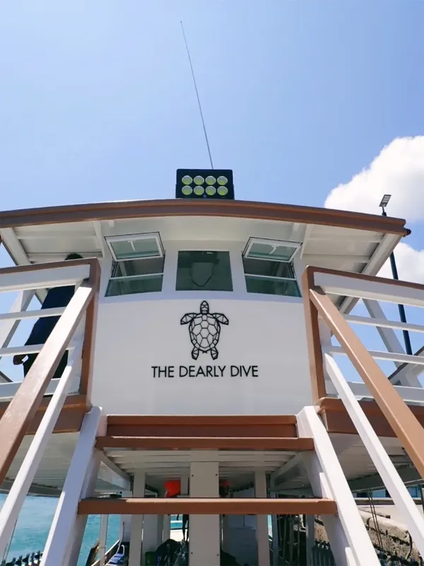 Vue de face d'un bateau de plongée avec un logo de tortue marine