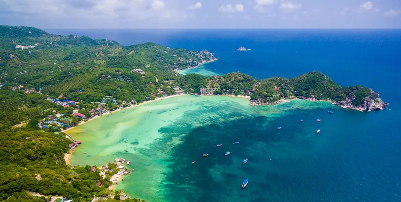 Vue aérienne d'une plage tropicale avec des bateaux et végétation luxuriante