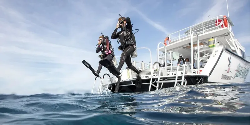 Deux plongeurs sautent d'un bateau de plongée en pleine mer
