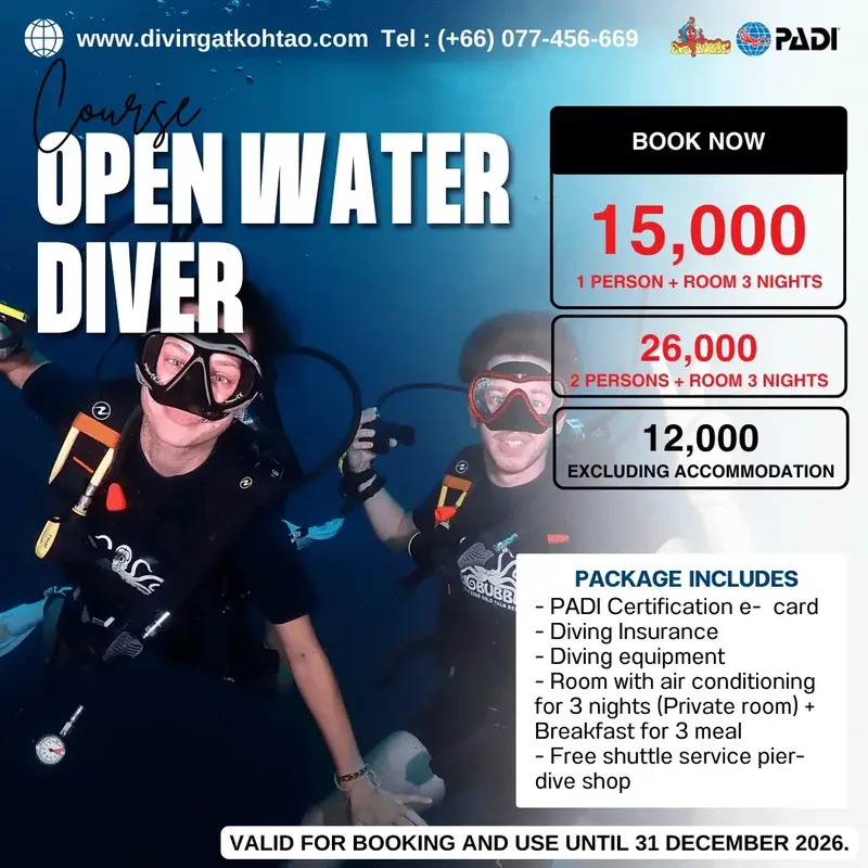 Deux plongeurs souriants avec leur équipement, promotion cours Open Water Diver