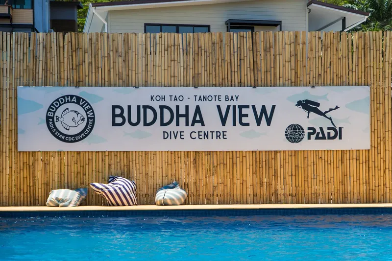 Enseigne du centre de plongée Buddha View avec logo PADI et illustration
