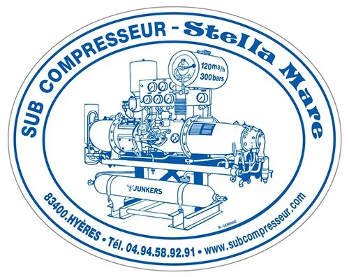Compresseur de plongée bleu sur fond blanc avec informations de contact