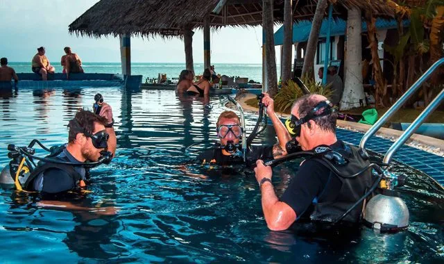 Trois plongeurs en formation dans une piscine avec instructeur