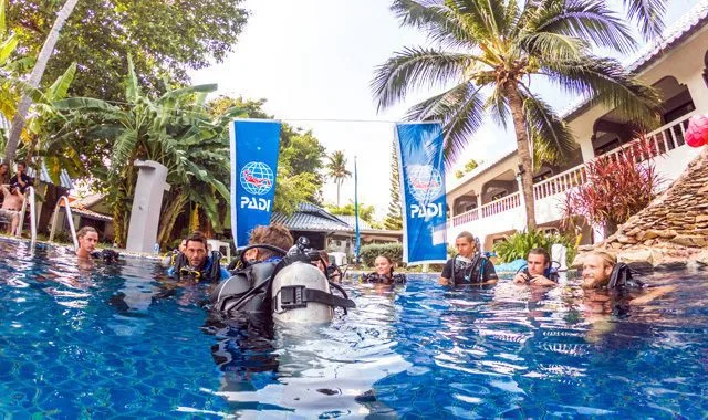 Groupe de plongeurs en formation dans une piscine avec des drapeaux PADI