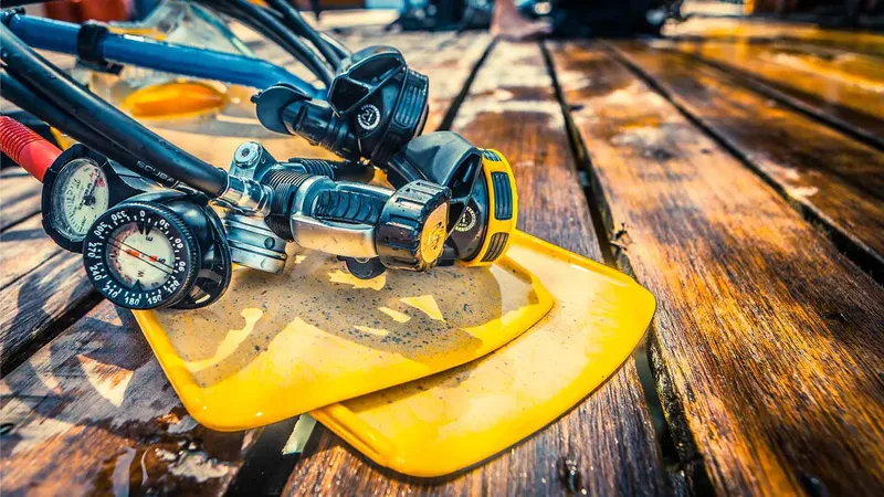 Equipement de plongée : détendeur, manomètre et palme jaune sur bois