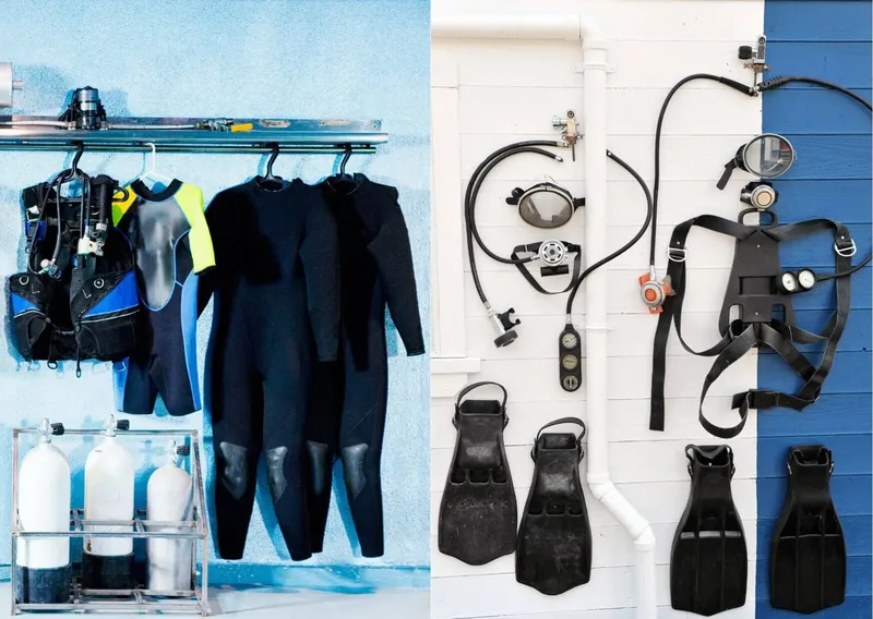 Equipement de plongée complet : gilet, détendeur, bouteilles et combinaisons
