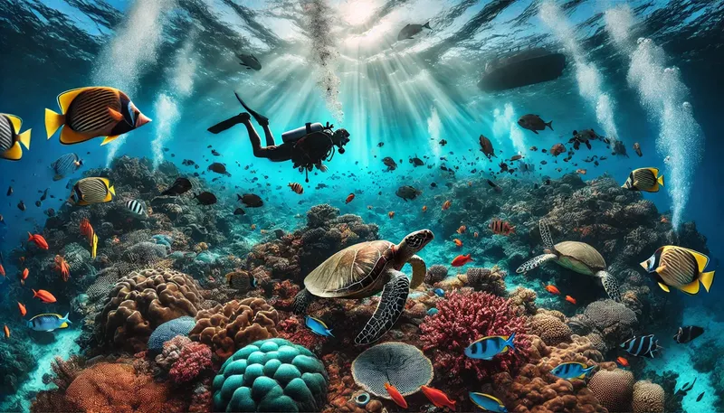 Plongeur explorant un récif corallien avec tortues et poissons colorés