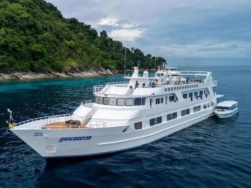 Grand bateau de croisière blanc avec des passagers sur le pont