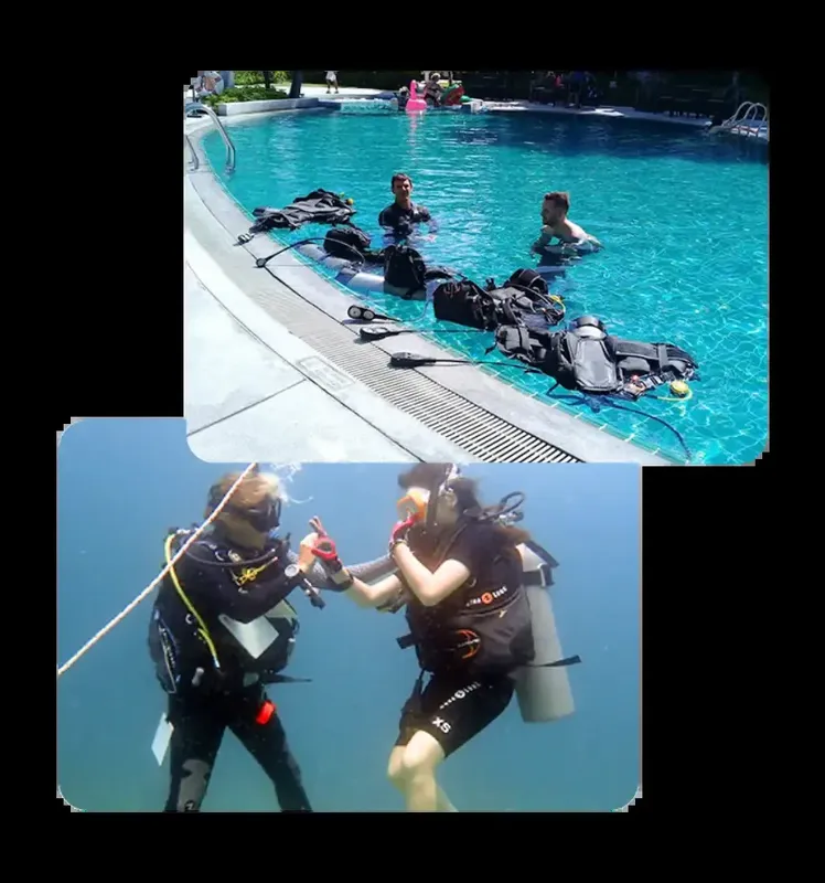 Plongeurs s'équipent au bord d'une piscine et évoluent sous l'eau