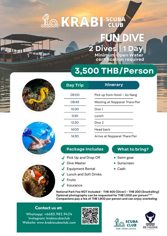 Affiche publicitaire pour une plongée avec des poissons et informations