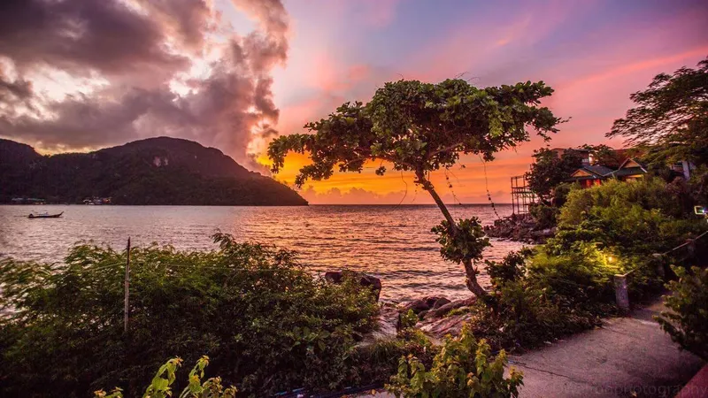 Paysage marin au coucher du soleil avec végétation luxuriante et bâtiments