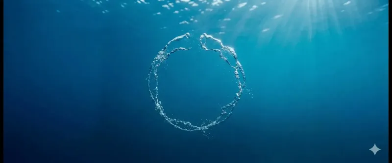Cercle de bulles lumineuses dans l'eau bleue, ambiance calme et profonde