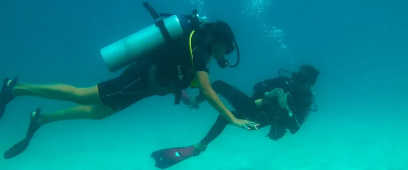 Deux plongeurs en combinaison explorent les fonds marins turquoise