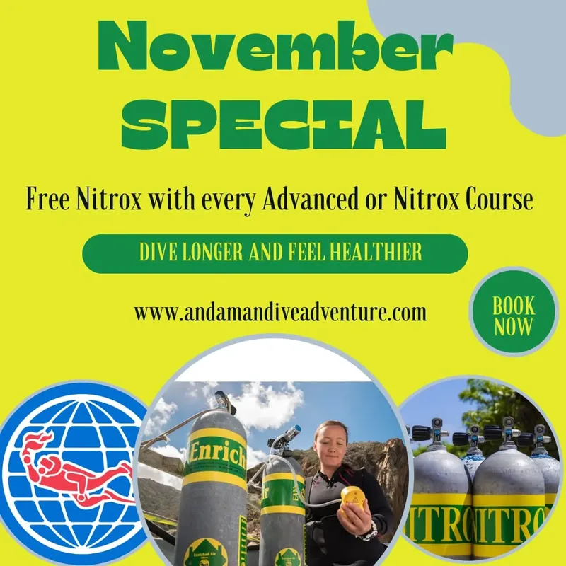 Promotion plongée : cours Nitrox et Advanced, bouteilles et plongeuse souriante