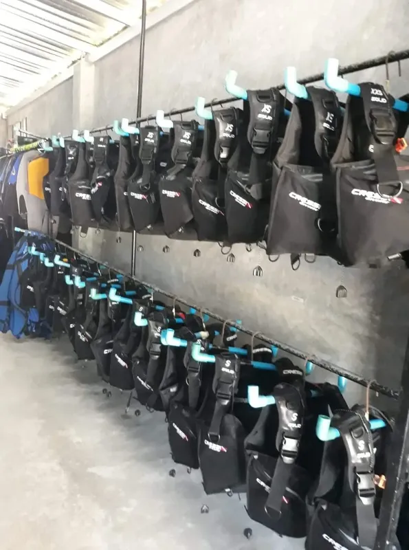 Rangées de gilets de sauvetage Cressi suspendus dans un local