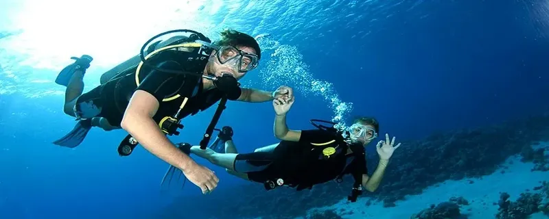 Deux plongeurs souriants en combinaison, donnent le signe OK sous l'eau