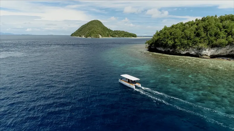 Catamaran navigue vers une île tropicale verdoyante en mer bleue