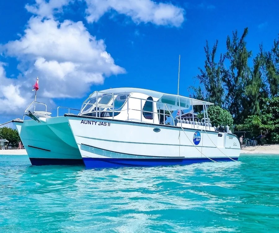 Bateau de plongée vert et blanc amarré dans une eau turquoise claire