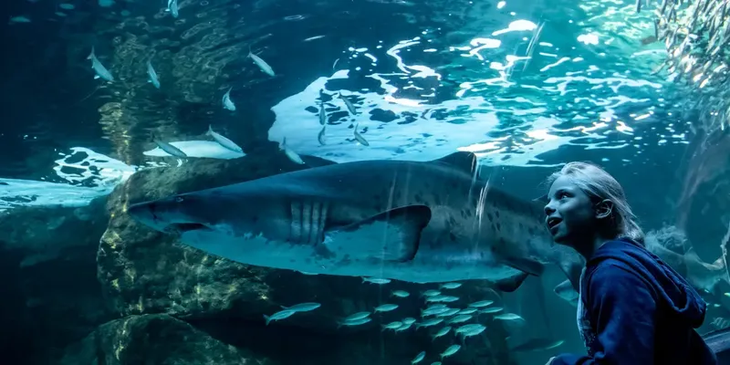 Jeune fille observe un grand requin dans un aquarium sous-marin